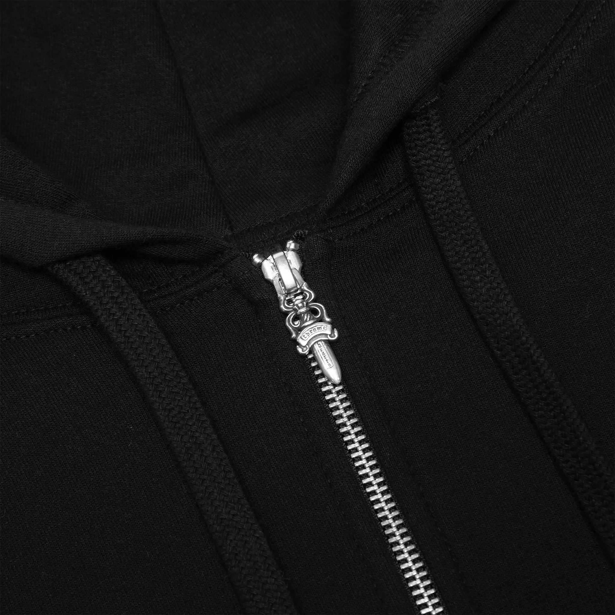 Detailed Zip View of Chrome Hearts 1988 Script Logo Zip-Up Black Blue Hoodie